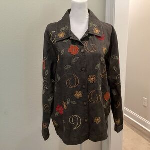 Vintage Denim Floral Embroidered Shirt Retro Cotton Jacket Medium Fall Colors